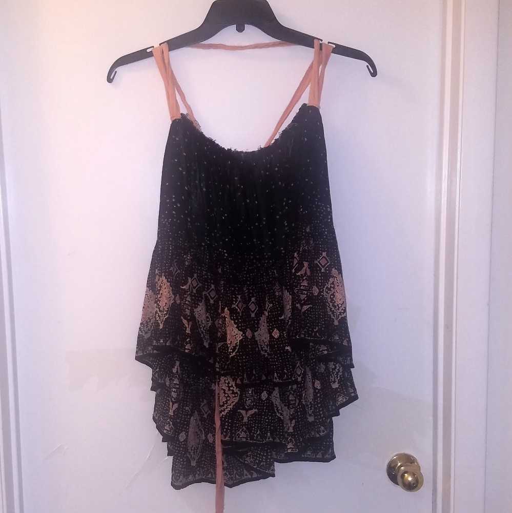 Free People Tie Sleeveless Black Pink Ikat Top